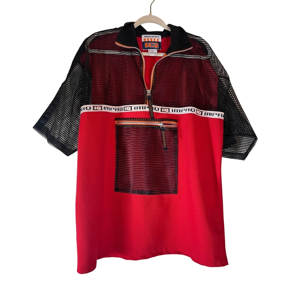Vintage IMPAQ SPORTS Men's Red Black Mesh S S Half‎ Zip Athletic Shirt Top XX